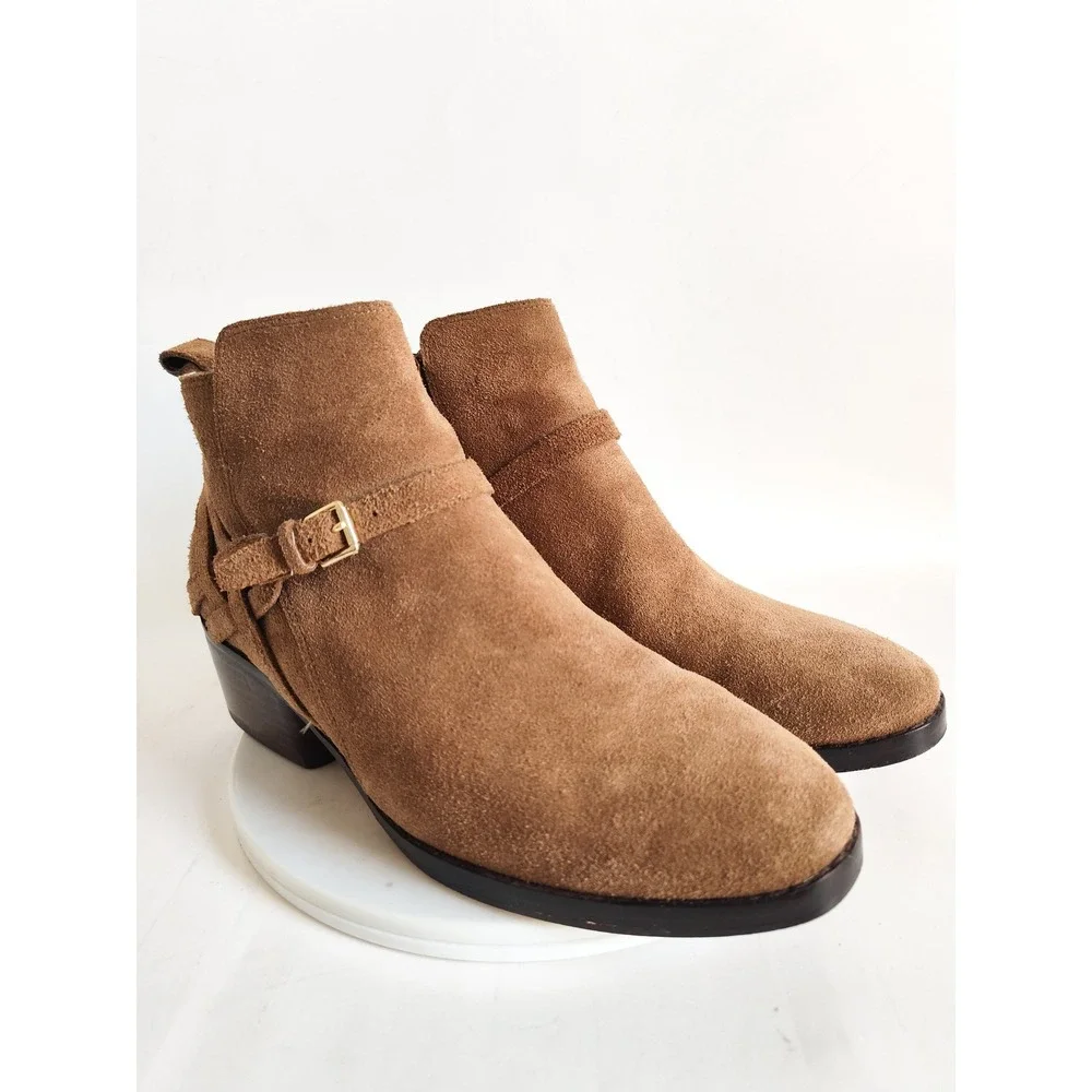 Cole Haan Ankle‎ Boots Size 7.5 Camel Tan Suede Leather Sole Belted Preppy Chic